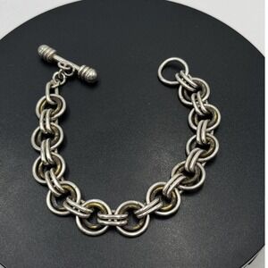 Mexico Taxco‎ Vintage 925 Silver Double Link Two Tone Brass Bracelet TM-300